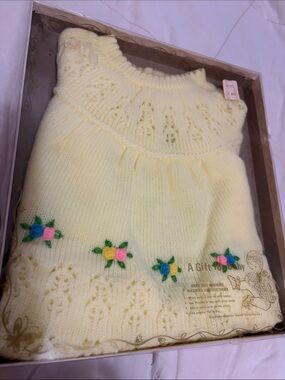 Vintage 1976 Knit Baby Sweater NOS/New Old Stock Maize Yellow Flowers New in Box